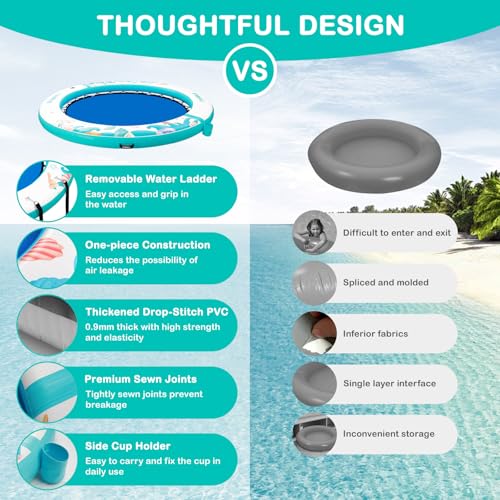 Image of Inflatable Water Hammock Floating Dock 8 FT with Mesh, Tanning Pool Raft Round Ring for Adults, Float Platform for Lake and Beach with Water Ladder and Cup Holder