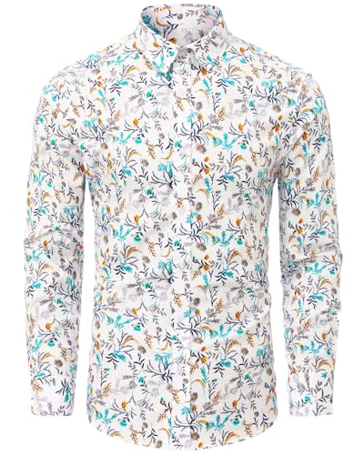 Mens Floral Shirt Casual Button Down Long Sleeve Flower Printed Shirt 100% Cotton