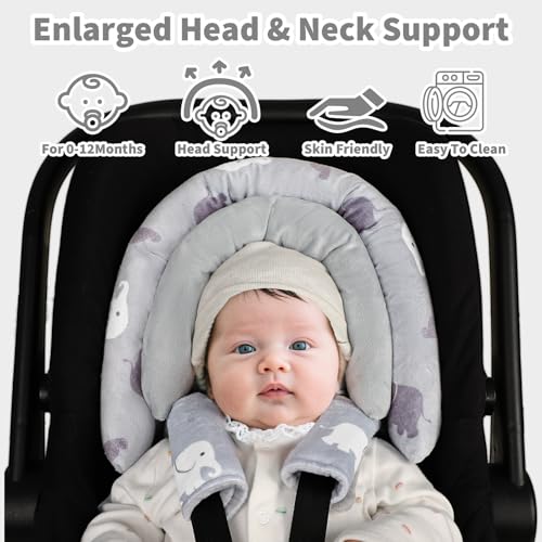 Image of Baby Car Seat Head Support with Extra Headrest, 2-in-1 Babybody Supports with Shoulder Pads Set for Newborn, Adjustable Infant Car Seat Insert Compatible with Stroller, Baby Swing, (Grey Elephant)