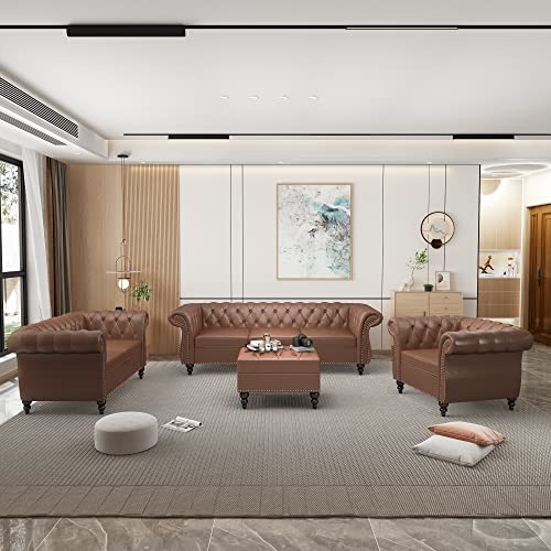 Image of Chesterfield Loveseat, Modern Faux Leather Sofa Tufted Couch 2 Seater with Rolled Arms and Nailhead for Living Room, Bedroom, Office, Apartment (Dark Brown)
