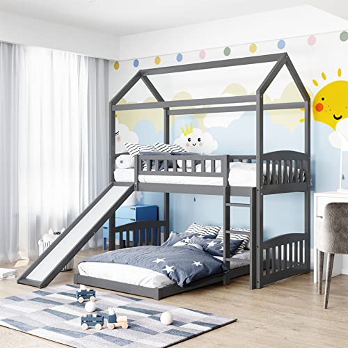 House Bunk Bed for Kids, Twin Over Twin Bunk Beds with Slide, L-Shape Bunk Beds with Playhouse Farmhouse Roof Guardrail Ladder, for Girls & Boys (New, Grey)