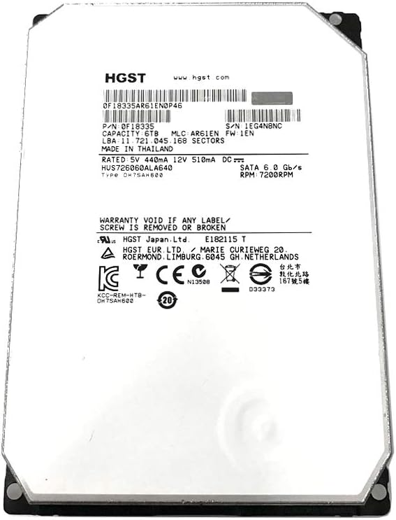 HGST HGST Ultrastar He6 6TB 3.5" SATA 7200 RPM Enterprise Internal Hard Drive with 64Mb Cache - HUS726060ALA640/0F18335 64 MB Cache 3.5-Inch Internal Bare or OEM Drives 0F18335 (Renewed)