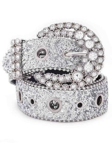 Crystal Genuine Leather Bling Belts for Women, Glitter Silver Diamond Belt Pin Buckle Cowgirl Jeans Pants