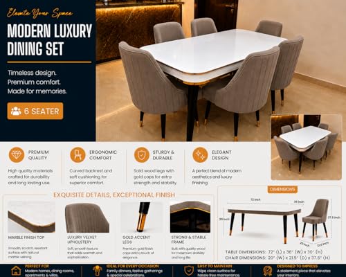 Image of WOODEN SPACE 6-Seater Wooden Dining Table Set | Nano Composite Marble Top | Solid Wood Base | Modern Dining Room Furniture with 6 Chairs (Brown Infinity Backline)