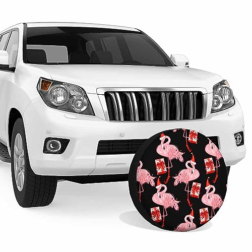 Image of New Year Flamingo Spare Tire Cover Christmas Tropical Pattern with Present and Santa Hat Weatherproof Universal Wheel Protectors Camper Tire Covers for Trailer Rv Travel(17 inch)