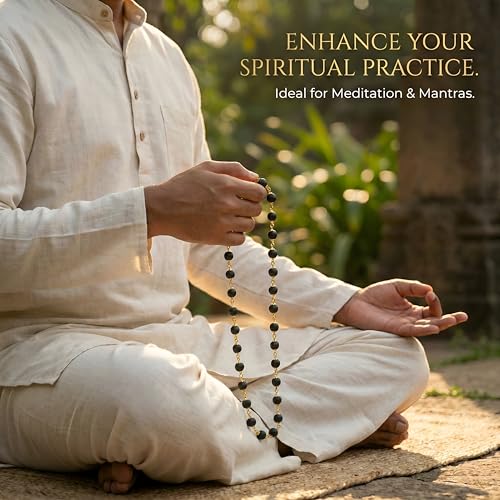 Image of Gratify Original Karungali Mala 54 Beads (7mm) for Men & Women | Authentic Black Ebony Wood Mala with Gold Plated Metal Caps | Spiritual Necklace for Meditation, Prayer, Energy Balance & Positive Vibes