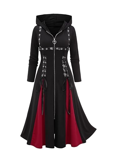 ROSE GAL Womens Plus Size Gothic Zipper Lace Up PU Leather Stripe Grommets Two Tone Godet Hem Midi Long Hooded Coat - Black_4 - Large Plus