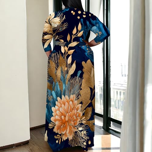 Image of SUZONANA Plus Size Maxi Dresses for Curcy Women Casual Loose 3 /4 Sleeve Long Dress with Belt