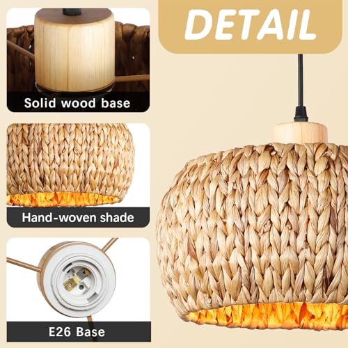 Mgcanyu Boho Pendant Lights Kitchen Island, 11.8" Bohemian Rattan Hand-Woven Light Fixture Natural Seagrass Weaving Lighting Hanging Ceiling Chandelier for Restaurants Living Dining Room Farmhouse - Image 6