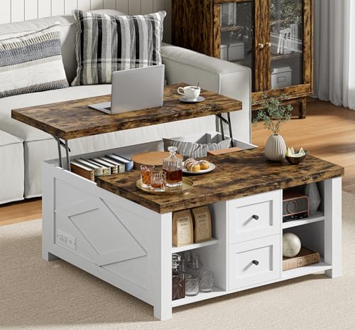 IRONCK Lift Top Coffee Table with Storage, Square Coffee Tables for Living Room with Charging Station and Drawers, Farmhouse Coffee Table with Large Storage Space, White