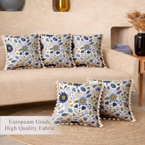 Image of STITCHNEST 'Little Meadow Series' Tassled Cushion Cover | Set of 5 | Floral Cushion Cover 16 inch x 16 inch
