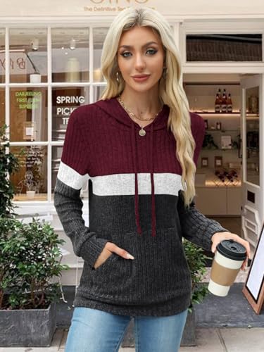 MixShe Women’s Color Block Knit Hoodie – Casual Long Sleeve Pullover Sweater Tops with Pocket