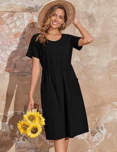 Zeagoo Cotton Linen Shirt Dress Beach Dresses for Women Summer A-Line Swing Dress Solid Color Dress Holiday Sun Dress with Pockets,Black,M - Image 5