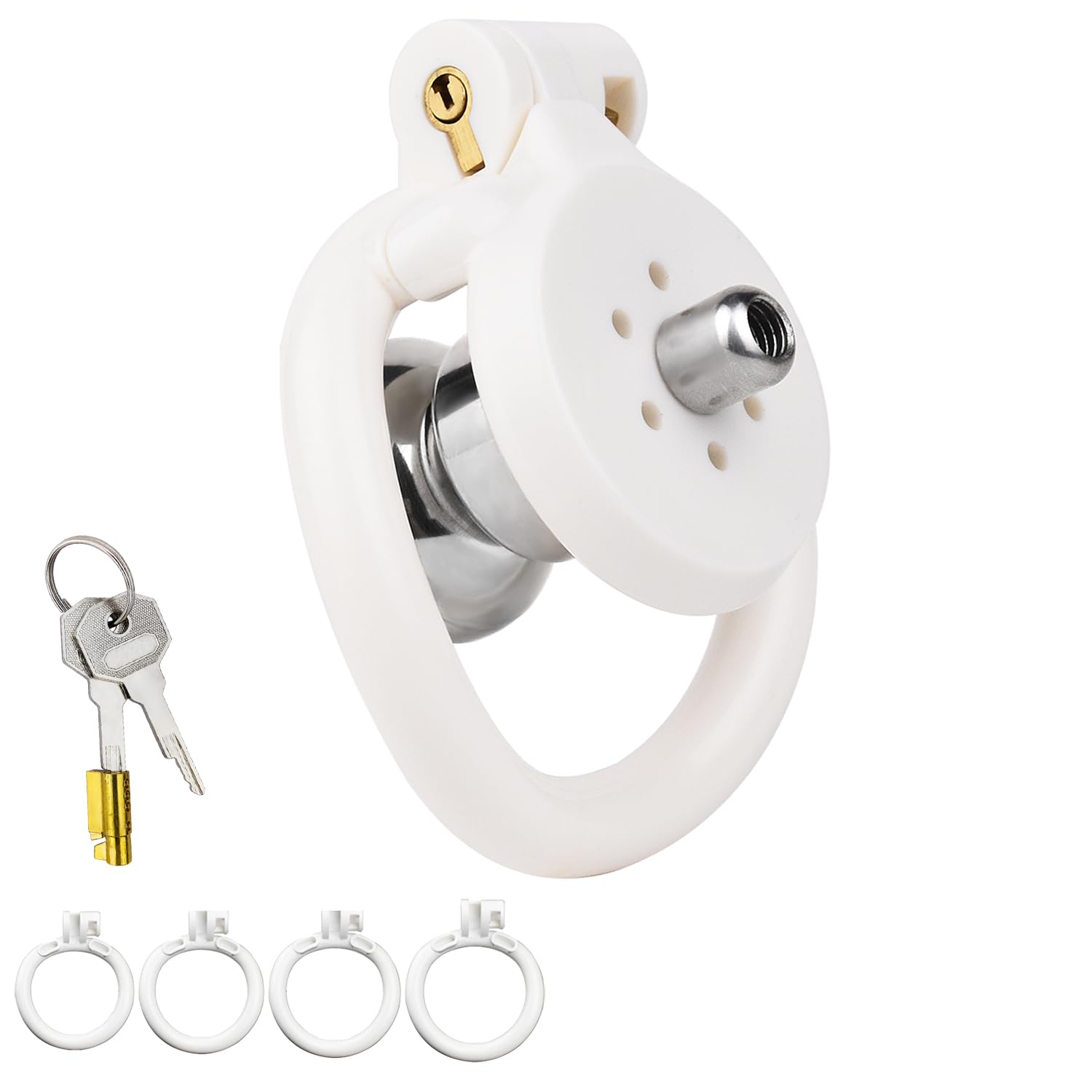 Sissy Chastity Cage - Sissy Toys, Flat Chastity Lock with Locks, Urine Divertor, 2 Keys, and 4 Size Rings, Resin & Stainless Steel Penis Cage BDSM Sex Toy for Men (White, Original)