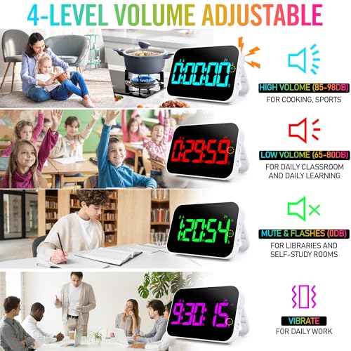 TXL Kitchen Timer for Cooking, Rechargeable Digital Magnetic Timer with Large LED Display, Loud Alarm, Sound Countdown, 4 Volume Levels and 3 Brightness for Classroom, Study (RGB) - Image 3