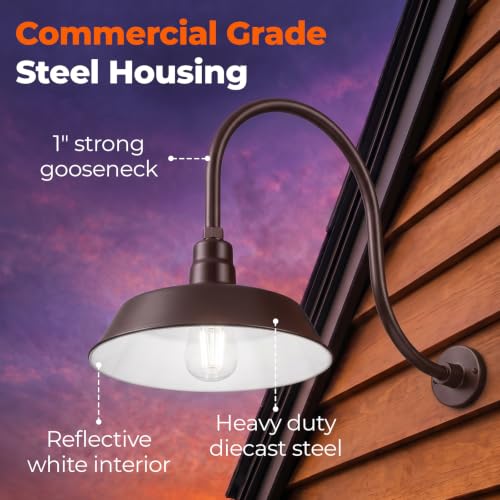 Image of 14in. Architectural Bronze Outdoor Gooseneck Barn Light Fixture With 24in. Long Extension Arm - Wall Sconce Farmhouse, Antique Style - UL Listed - 9W 900lm A19 LED Bulb (5000K Cool White) - 2-Pack