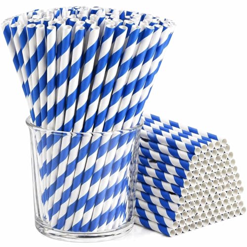 Pack de 100 pitillos de papel azul y blanco rayados 7.75 pulgadas miniatura 1