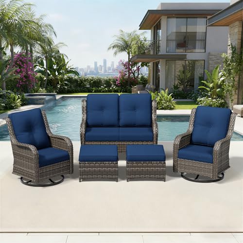 Image of Joyside 5 Piece Wicker Patio Furniture Set, Outdoor Swivel Rocker Patio Chairs with High Back, Deep Seating, Wide Armrest, Thickened Cushions, Outdoor Furniture for Deck, Porch Use