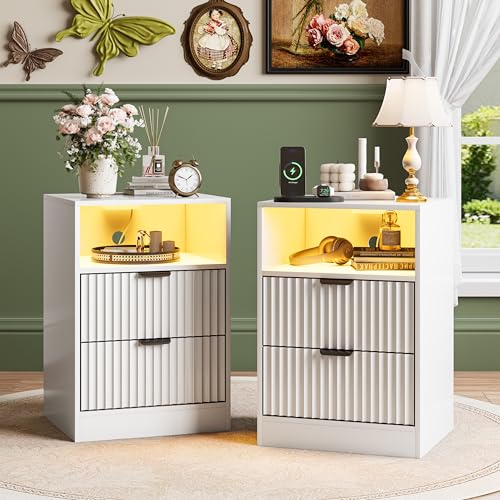 Image of White Night Stand Set 2, LED Nightstand with Charging Station, Fluted Nightstands Set of 2 with 2 Drawers, Wood Side Table End & Bedside Tables for Bedroom Sofa Office