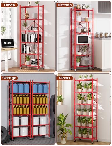 Image of ALANNG 73.6 Inch Folding Bookshelf, 6 Tier Metal Bookcase and Bookshelves | Tall Shelves for Living Room Office Bedroom, Heavy Duty Book Shelve Free Standing Open (Red, 3PACK)