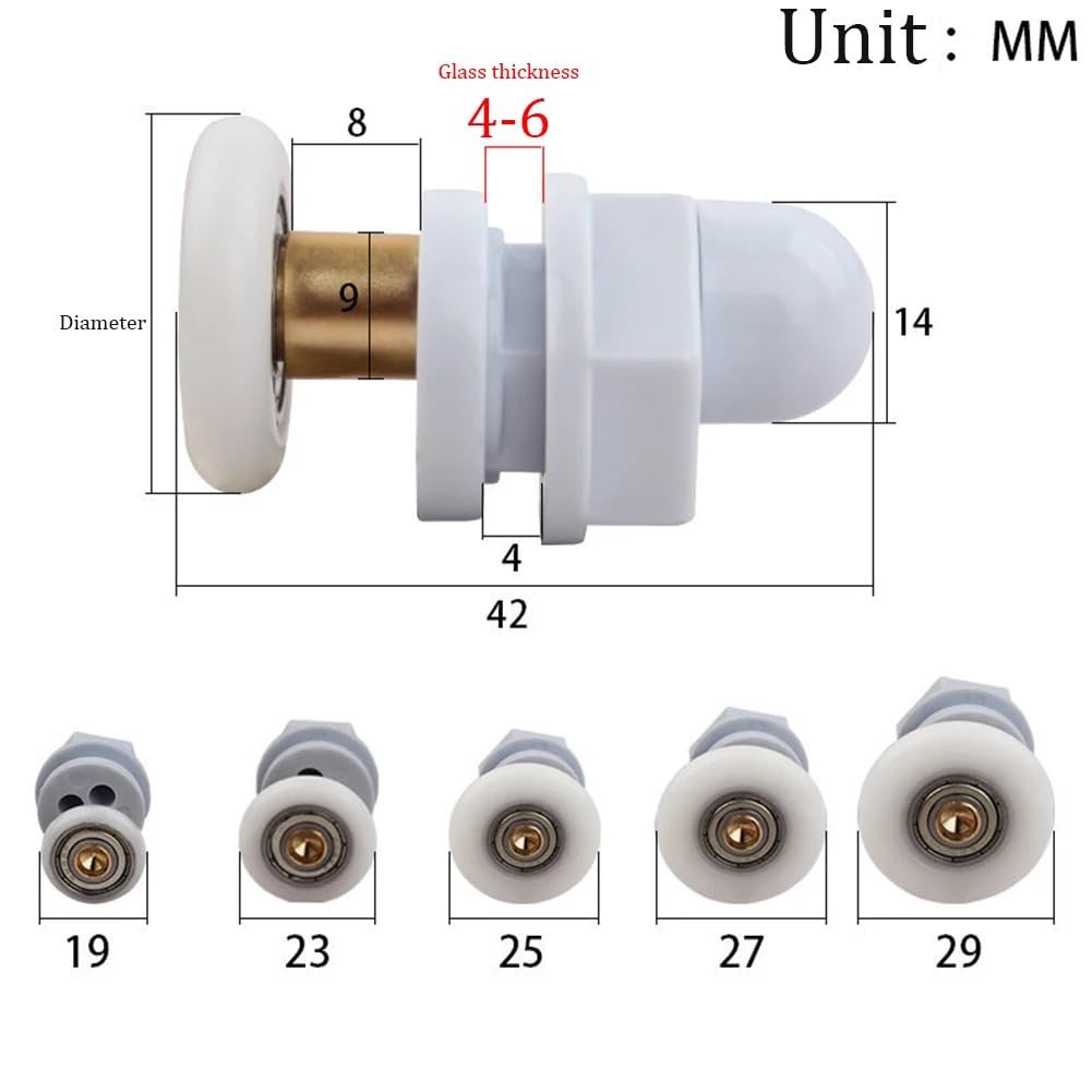 Reemplazo de ruedas para puerta de ducha. Juego de 4 rodillos for puertas cabinas ducha. Poleas/rodillos/ruedas/poleas for cuartos Diámetro: 19 mm/23 mm/25 mm/27 mm/29 mm(29mm)