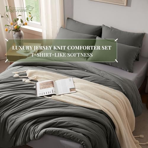 Image of Full Size Comforter Set, Comforters Full Size Luxury Ultra-Soft Jersey Knit Bedding Set, Dark Grey Lightweight Down Alternative Bed Comforter for All Season, 3 Piece Bedding Set