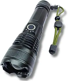 Lanterna Tática LED Militar, 15000 Lúmens, Recarregável USB, Zoom, Resistente à Água, Alumínio, Bateria de Longa Duração, Ideal para Trilhas e Vigilância