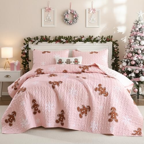 FROZZUR Christmas Quilt Set Queen Size - Pink Gingerbread Bedding Lightweight Soft Breathable Winter Quilt Coverlet - Cozy Holiday Bedspread for Family Bedroom Decoration