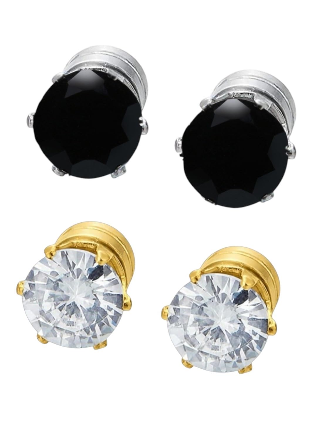 Jewellery Combo of 2 Black & Gold Stud Earrings for Men Without Piercing - Solitaire Cubic Zirconia - Small Round Shape - Magnetic-image-19