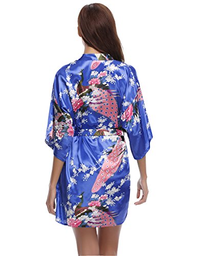 Aibrou Women's Kimono Robe Satin Peacock Bathrobe Short Silk Bridal Robe Diamond Blue