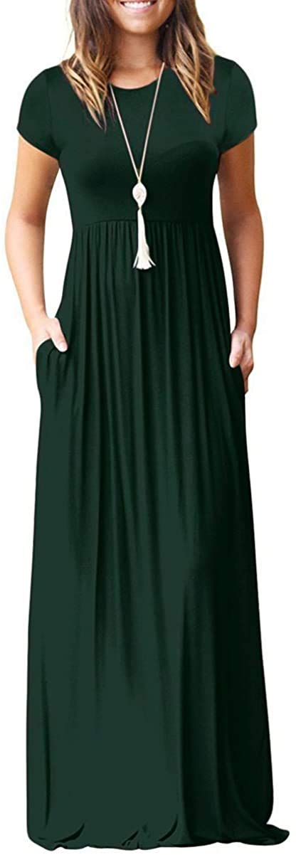 DEARCASE Maxi Dress for Women Short Sleeve Casual Summer Loose Plain Comfy Long Dresses with Pockets