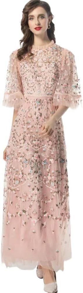 Embroidery Evening Dresses Women Summer Ruffles Lace Dress Flower Long Party Pink1 L