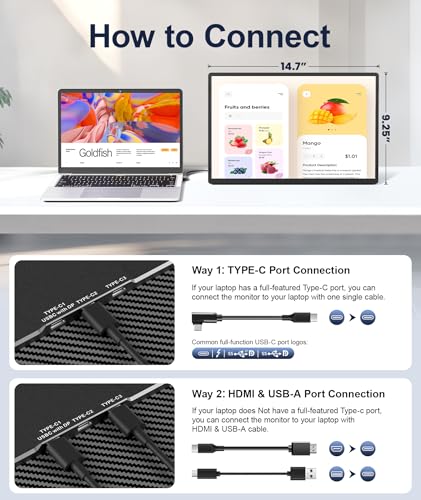 Image of 16.1 inch Portable Monitor, 1200P FHD Laptop Screen Extender, 360 Rotating Detachable Stand, Plug&Play Dual Monitor, Ultra-Thin Zero Frame Portable Screen for Laptop /PC /Mac /Windows /PS5