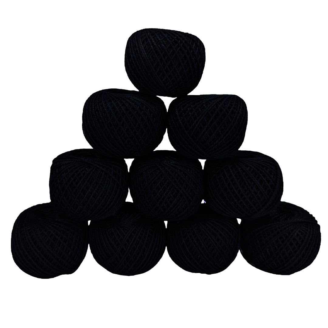KGS Crochet Thread Set | 10 Fine Cotton Yarn Balls | Size 8 | Total 100 Grams of Pearl Cotton Thread for Crocheting, Cross Stitch, Needleword & Needlepoint Hand Embroidery (Black)