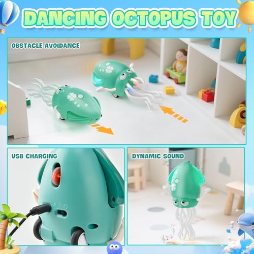 LTFIOON Electric Dancing Octopus Toy, Tanzendes Oktopus-Spielzeug für Kinder mit LED & Musik, 2 Modi Aufrecht & Krabbelnd, Automatisches Ausweich-Oktopus-Spielzeug, Geschenk für Jungen Mädchen (Grün)