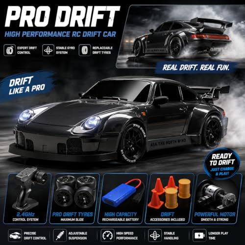 Image of RC Drift Car TORSCHE 1:24 Scale 2.4GHz | 25 KM /H High Speed, Replaceable Drift Tyres, Rechargeable Battery, LED Lights, Traffic Cones & Spare Wheels