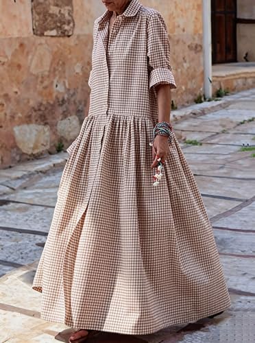 Image of chouyatou Women's Retro Plaid Button Down Maxi Shirt Dress Long Sleeve Button Up Gingham Swing Long Dress