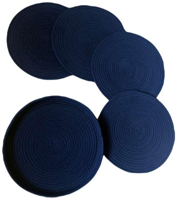 Woven Cotton Place mats,Round,Navy Blue,Natural Rope Design, Set of 5, Tabletop Decor (Navy Blue)