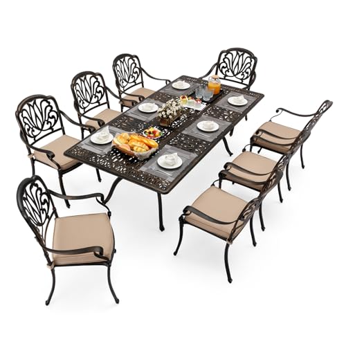 Attliasalon 9-Piece Cast Aluminum Outdoor Dining Set Retro Patio Dining Set for 8 Includes 86.6’’ Rectangular Table and 8 Chairs with Removable Cushion and Umbrella Hole for Patio Deck Garden Porch