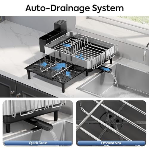 Urackify Dish Drying Rack for Kitchen Counter - Stainless Steel Dish Drainer with Drain Board, Removable Utensil Holder, Rust-Proof Plate, Non-Slip Feet, Large Capacity for 10 Plates 6 Bowls 4 Cups