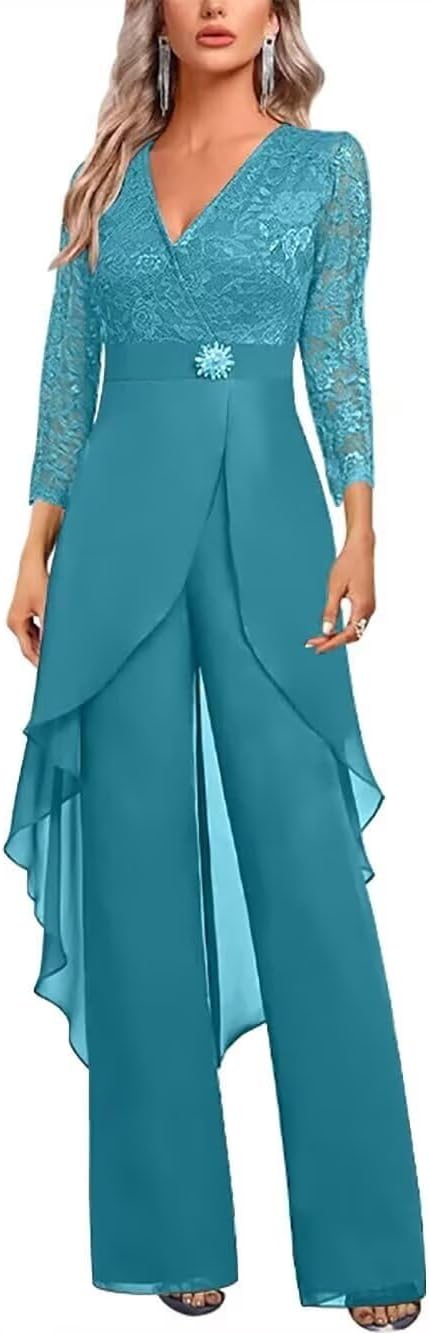 2 Pieces Mother of The Bride Pant Suits for Women Dressy V Neck Lace Grandmother of The Bride Pantsuits for Wedding DP018