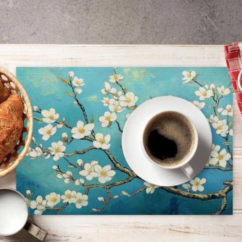 Set de table bleu-vert lavable en machine | Lot de 6 napperons 30x45cm rectangle lin coton