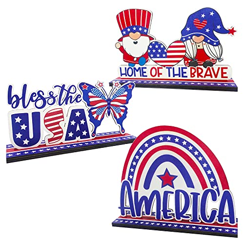 3 piece 4 of July Table Decoration, Patriotic Gnome Table Centerpiece Sign Wooden Independence Day Table Signs Bless the USA for Patriotic Party Dinner Coffee Table Topper House School Classroom