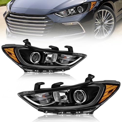 KUIPERAUTO Headlight Assembly Compatible with 2017-2018 Hyundai Elantra Black Housing/Clear lens/Amber Reflector 92101F3000 92102F3000 Driver and Passenger side Front Lamp Left Right