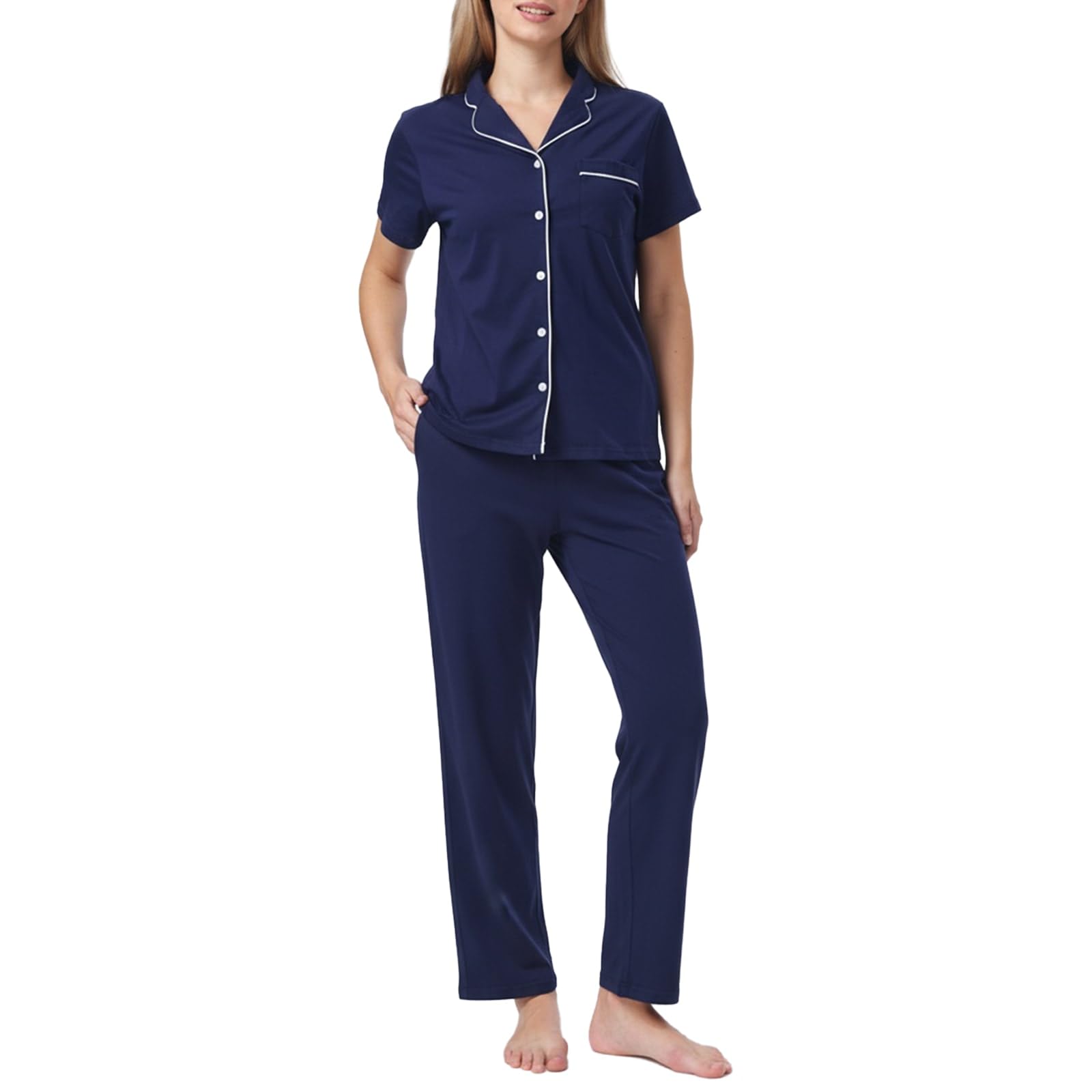 Womens Petite Cotton Pajama Set Short Sleeve Button Up Pjs with Short Inseam Pants Pockets 2-Piece Lounge Set