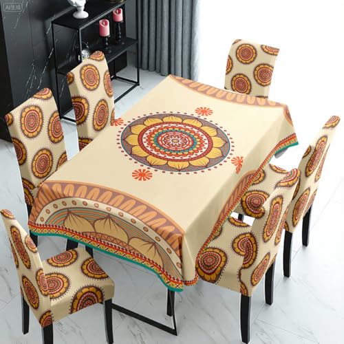 Image of Styleys Dining Table Cover 6 Seater Waterproof with Chair Covers | Table Cover Cloth | Dining Table Cover Clothe Combo - 1 Table Cover + 6 Chair Cover, Mandara Glow, XKFSZB-20
