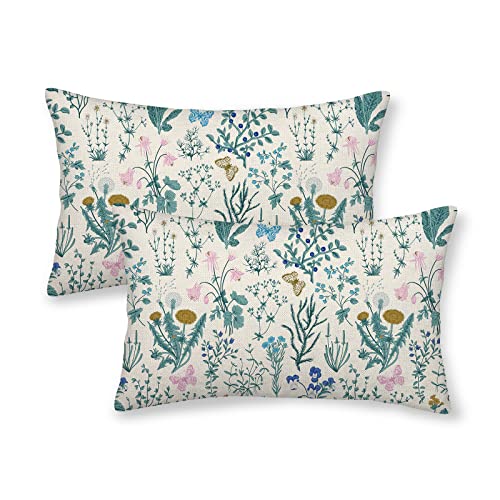 Image of AEIOAE Spring Pillow Covers 12x20 Inch Set of 2,Blue Teal Wild Flower Plant Throw Pillows Case,Seasonal Floral Outdoor Decorative Linen Farmhouse Decor Cushion Covers for Home Sofa Bed Couch
