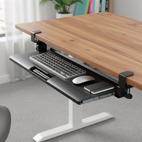 Image of Amazon Basics Ergonomic Under-Desk Keyboard Tray | Slide-Out Design with Sturdy C-Clamps | Space-Saving | Non Drill Clamp On Mount | Fits Desks Upto 48mm Thickness | 68 L x 28.3 W x 2.9 H cm