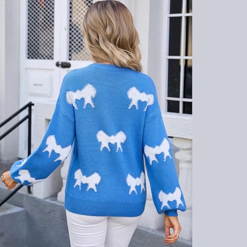 Image of Women Cute Bow Knit Sweater Y2k Long Sleeve Crew Neck Knitted Pullover Top Oversized Going Out Fall Winter Knitwear