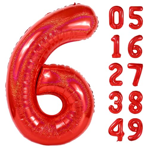 Image of Laser Red 6 Balloon, Number Balloons 40 Inch, 6th Balloons for Birthday Decorations, Laser Red Party Supplies 6 Birthday Balloon, Number 6 Balloon